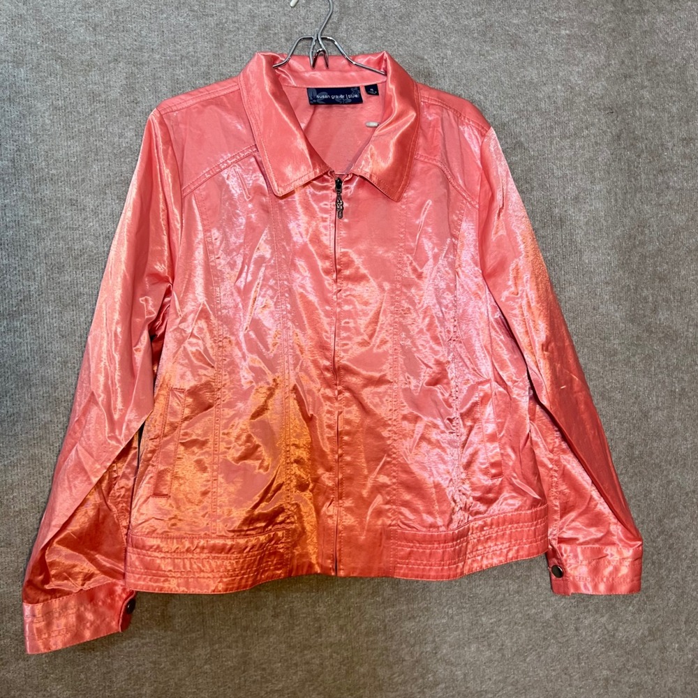 Susan Graver Style Full Zip Jacket Women XL Coral Pink Satin Lightweight
